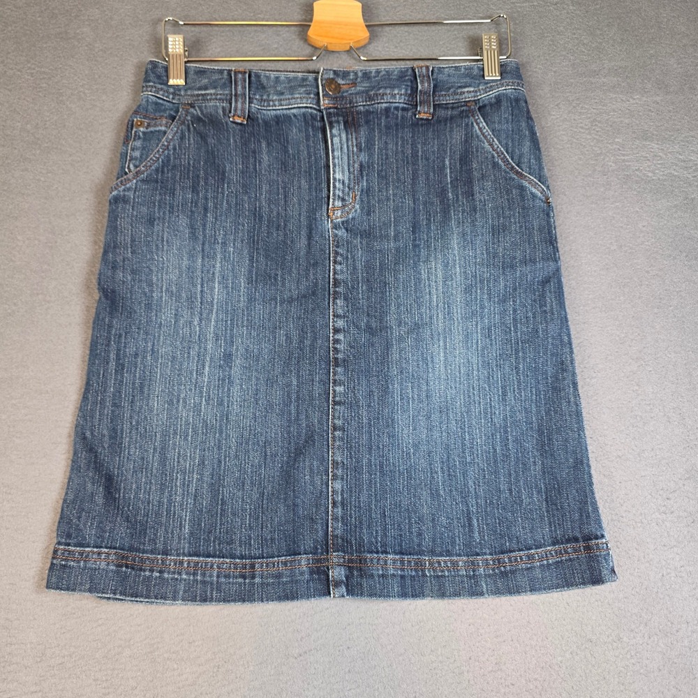 Eddie Bauer Denim Skirt Womens 4 Blue Knee Length Back Slit Dark Wash Classic